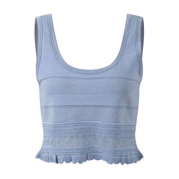 2026 Women Light Blue Lace Knit Two Piece Set Crop Tank Top & Maxi Skirt Lightweight Travel