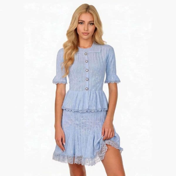 French Soft Light Blue Faux Two-Piece Knit Dress, Collared Pearl Button s4 Lace Trim Flared Skirt Ruffle Hem Design