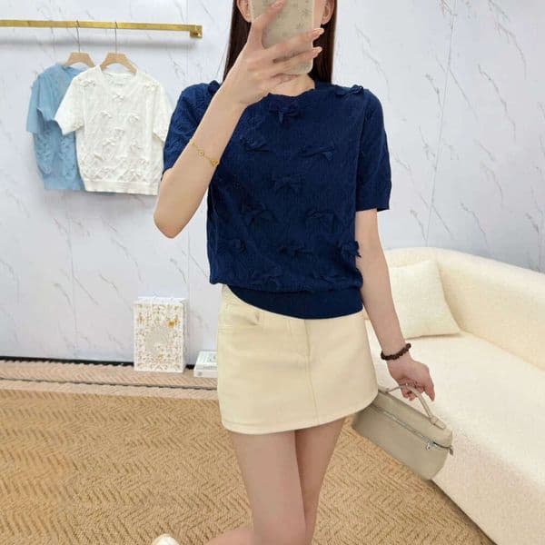 French Soft Navy Blue Bow-Embellished Knit Top, Diamond Pattern Cropped Crew Neck Tee Long Sleeve Elegant