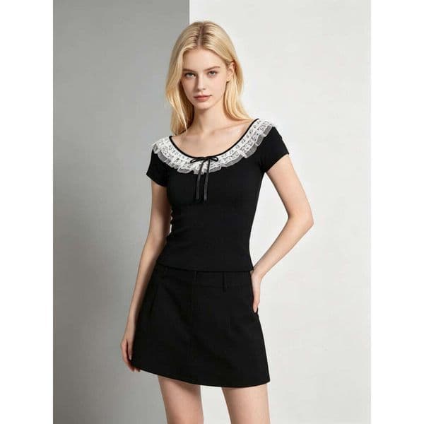 Black Ribbed Knit Off-Shoulder Top with White Lace Ruffle Trim & Bow Detail Slim Fit Blouse Sleeve Casual Daily