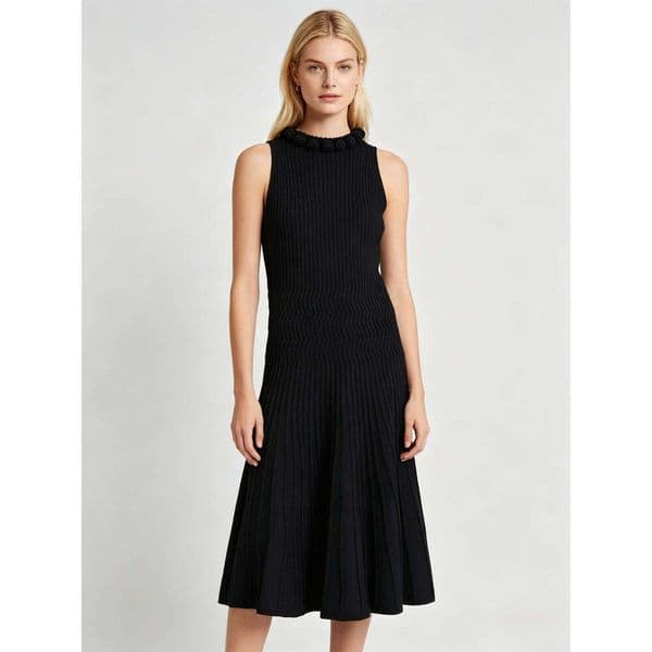 Sandro Dress French Soft Two-Color Floral Neck Knit Dress, Sleeveless Ribbed Fitted A-Line Mini Dress, Elegant Wear