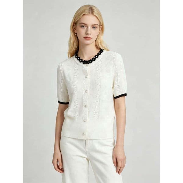 French Soft White & Black Color-Block Knit Cardigan, Round Neck Floral Trim Pearl Button Short Sleeve Diamond Crochet Top Solid Color Simple
