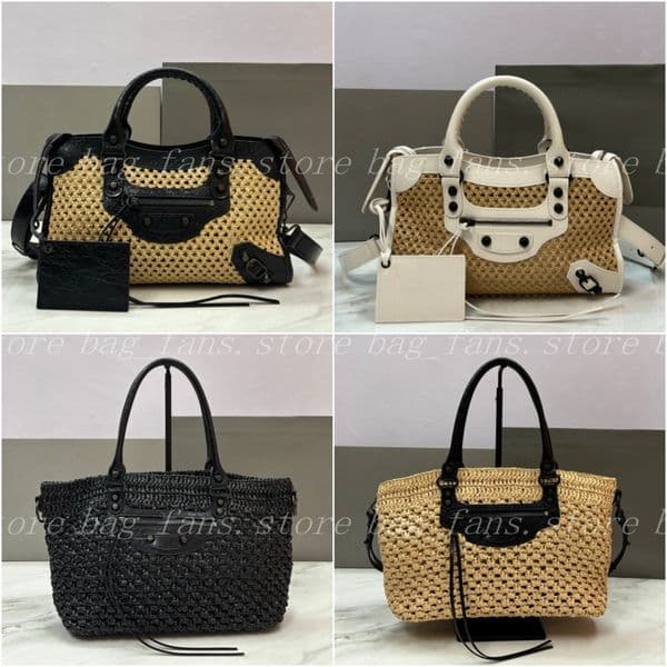 Women's Handmade Woven Straw Tote Bag Fashionable Large Capacity Handbag with Leather Handle & Zipper for Summer Beach & Daily Use
