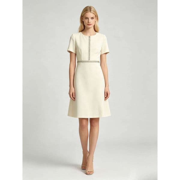 2026 Women Cream Beaded Trim Work Dress Short Sleeve Round Neck A-Line Midi Office Dress High Waist Chiffon