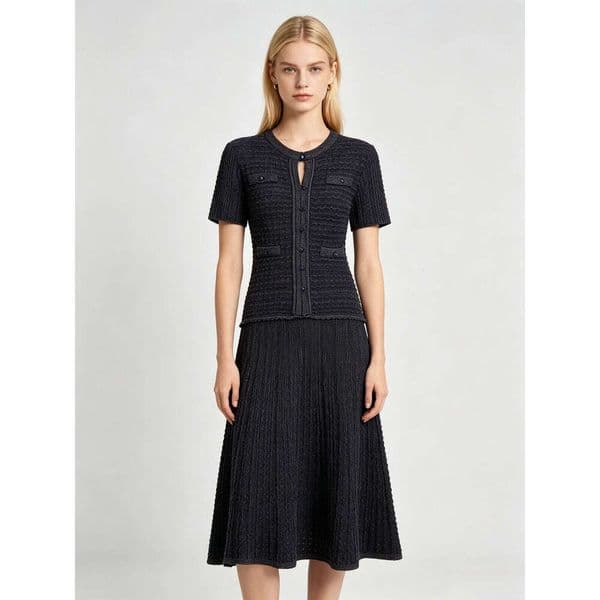 French Style Black Tweed Knit Midi Dress Women Round Neck Short Sleeve Button Detail A-Line Long Dresses for Work & Party High Waist Chiffon