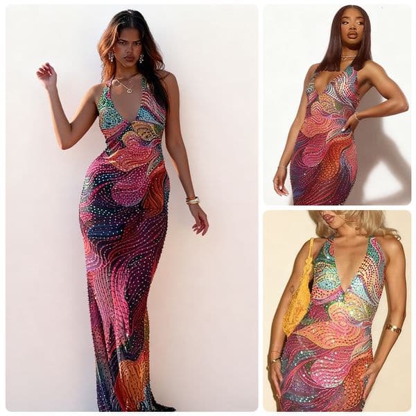 Colorful Sequin Halter Neck Deep V Long Dress for Women Slim Fit Slit Gown Evening Party Gradient Print Dress