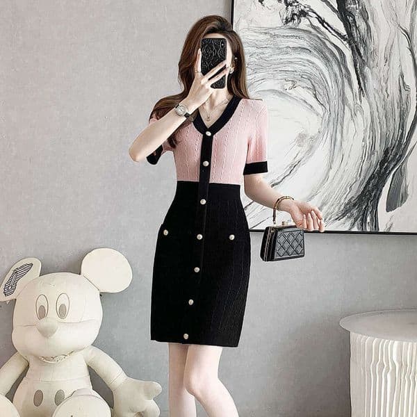 French Style Two-Tone Knit Dress, Pink & Black V-Neck Waisted Bodycon Midi Dress V Neck Slim Fit V Neck Slim Fit