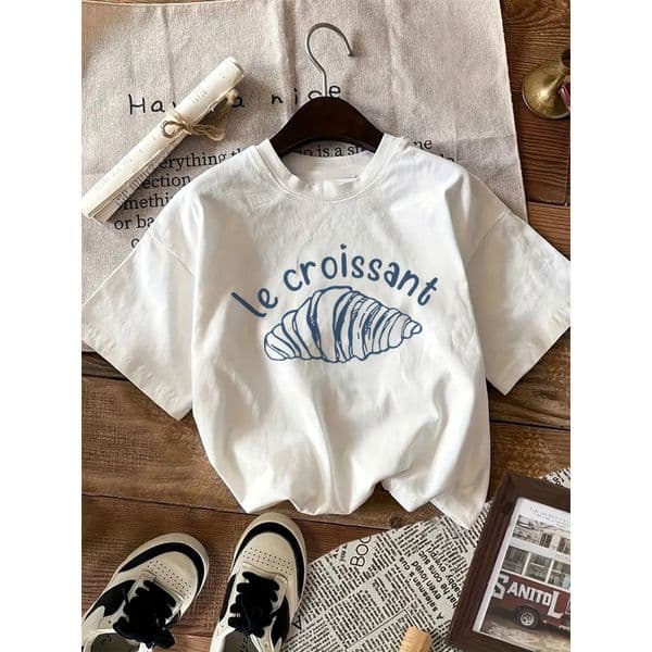 2026 Women's Casual Croissant Printed Pattern Crew Neck Short Sleeve T-Shirt Summer Loose and Comfortable Cotton Top Cross-border