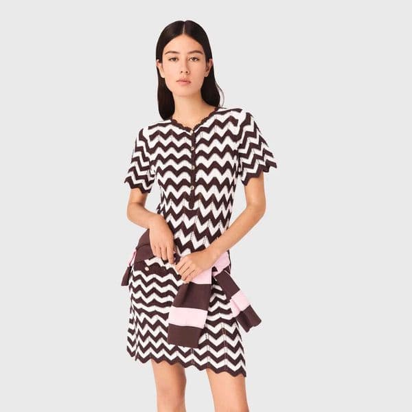 French Vintage Style Chevron Knit Dress, Brown & White Round Neck Waisted A-Line Midi Dress with Gold Buttons Bohemian Printed Bohemian Printed