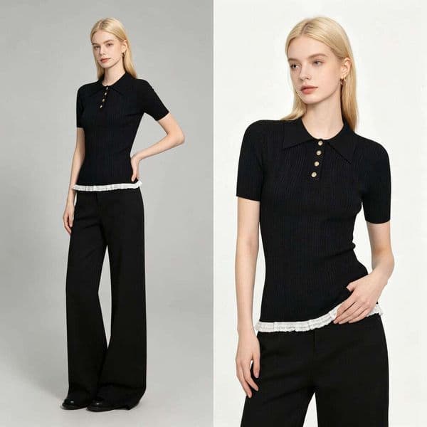 Black Ribbed Knit Polo Top with Gold Buttons & White Lace Hem Trim High Waist Chiffon