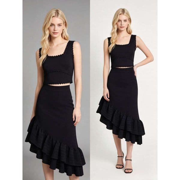 Sandro Dress Black Knit Two-Piece Set with Square Neck Crop Tank & Asymmetrical Ruffle Midi Skirt
