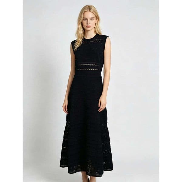 French Soft Three-Color Crochet Knit Maxi Dress, Sleeveless Round Neck Fitted A-Line Mid-Length Dress Knee Length Casual