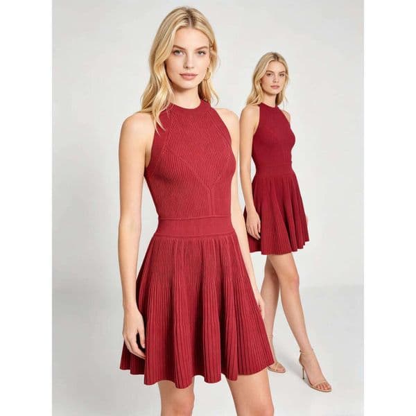 French Style Red Knit Dress Women Sleeveless Ribbed Knit Halter Neck Fit & Flare Skater Dress Long Sleeve Elegant
