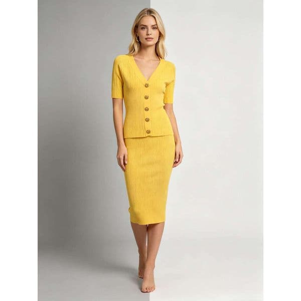 2026 New Summer Knit Cardigan Women Yellow Ribbed with Gold Tone Buttons & V-Neck Short Sleeve Blouse Short Sleeve Loose