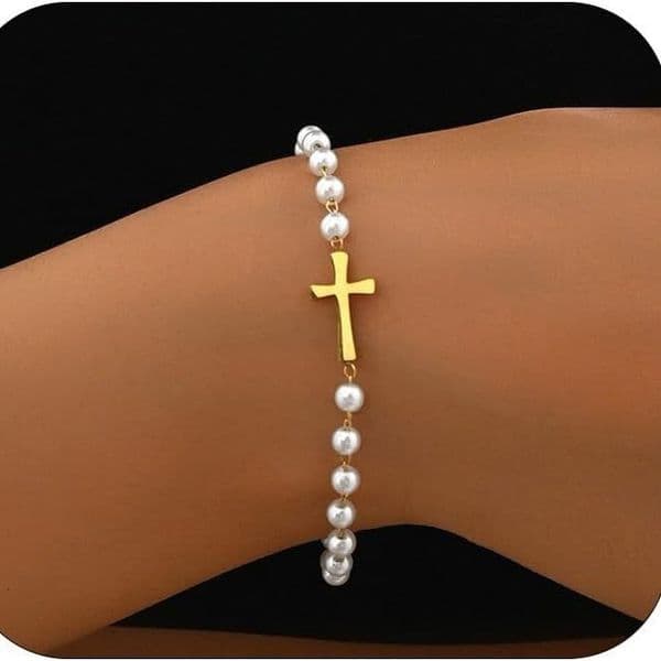 Comfortable New Imitation Pearl Beaded Cross Embellished Layered Bracelet Stainless Steel Stackable Jewelry Accessories