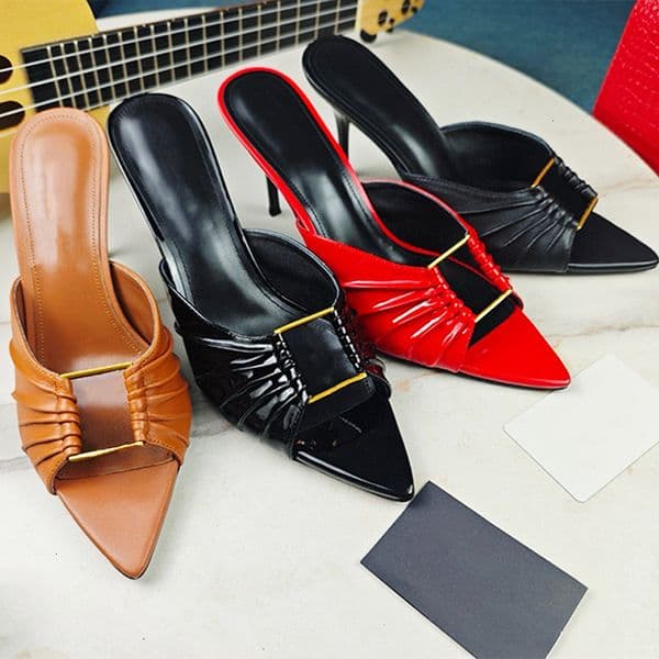Large Size Women Designer Sandals Babylone Mules Flat Slippers Leather Slingback Heels Pointed Toes Fold Decoration Wedding Party Shoes 831