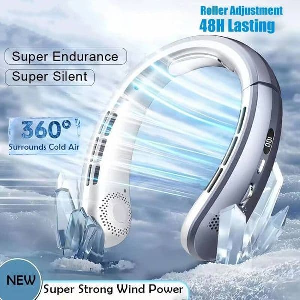 2026 New 8000Mah Portable Hanging Neck Bladeless Neckband Digital Display Power Air Cooler USB Rechargeable Electric Fan