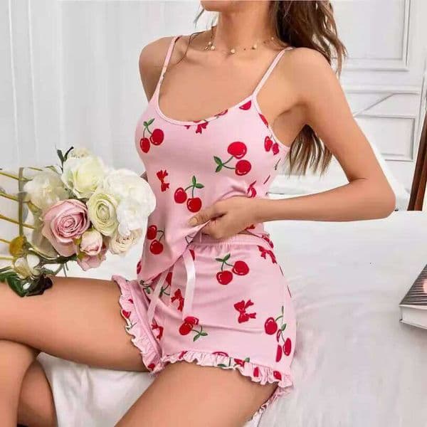 Summer New Women's Pajama Set Breathable Soft Casual Print Cami Top and Ruffle Sweet Home Strap Shorts Pajamas