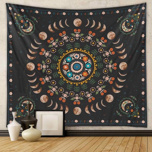 Vintage Bohemian Moon Phase Mandala Art Tapestry Mystic Floral Pattern Bedroom Living Room Home Decor Tapestry