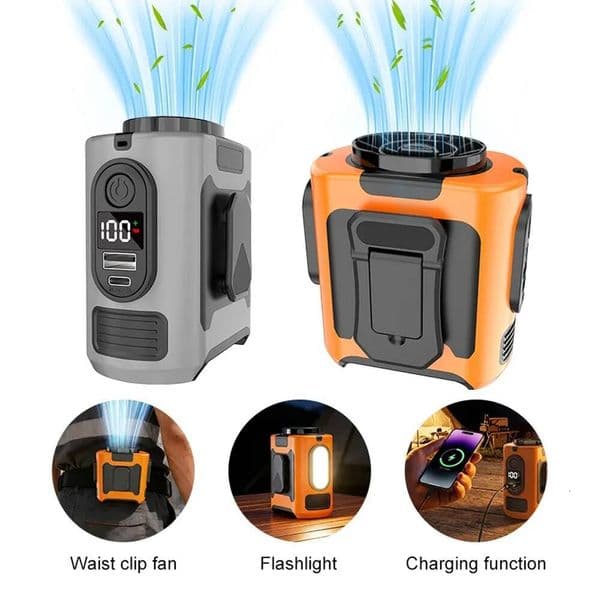 Portable Waist Clip Neck-Worn Fan 5-Speed Strong Wind With Power Bank LED Light Ideal For Hiking Couriers And Outdoor Work