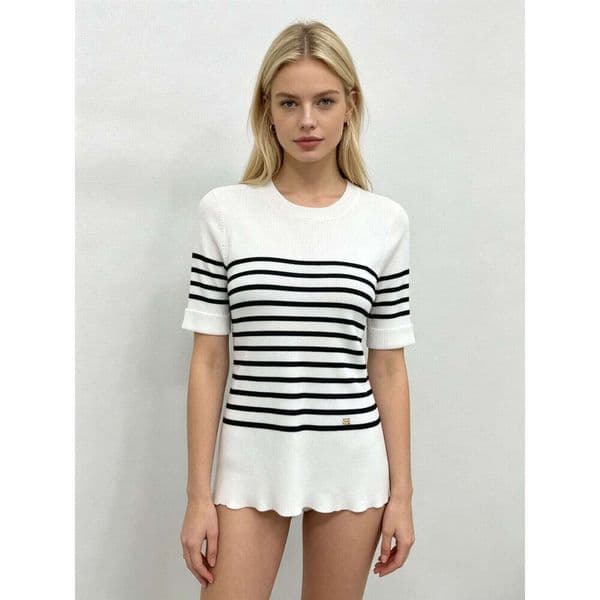 High-end 2026 summer new style round-neck letter pendant striped stretch slim-fit thin short-sleeve women's knit top Lace Patchwork