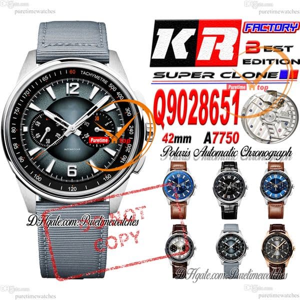 Q9028651 A7750 Automatic Chronograph Mens Watch KRF 42mm Steel Case Black Blue Dial Gray Nylon Leather Strap CHS Puretimewatches Reloj Hombre Thickness 12mm Super