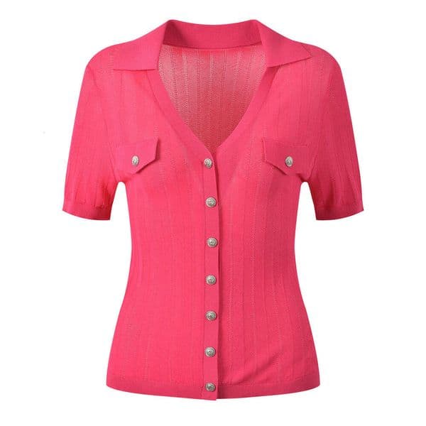 2026 New Summer Knit Cardigan Women Hot Pink with Silver Tone Buttons & Polo Collar Short Sleeve Blouse All Match Daily Wear