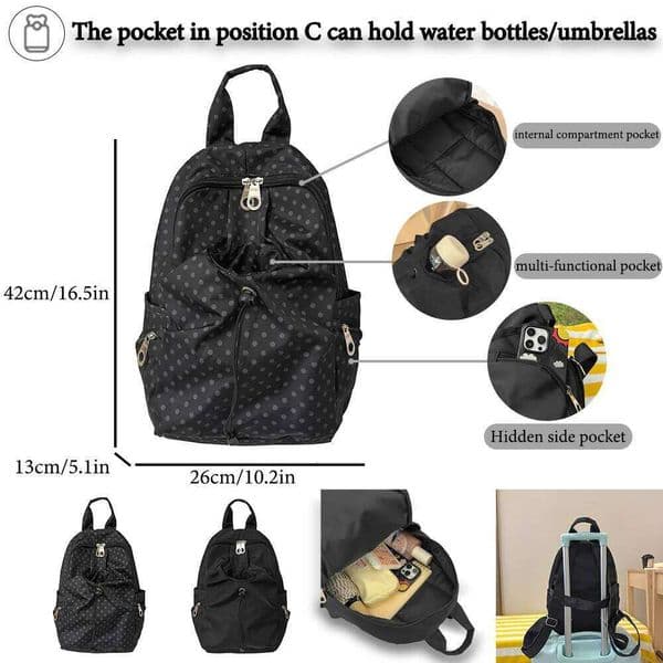 Polka Dot Nylon Backpack, Multi-Pocket Rucksack with Water Bottle Holder Luggage Strap for Daily Commute & Travel