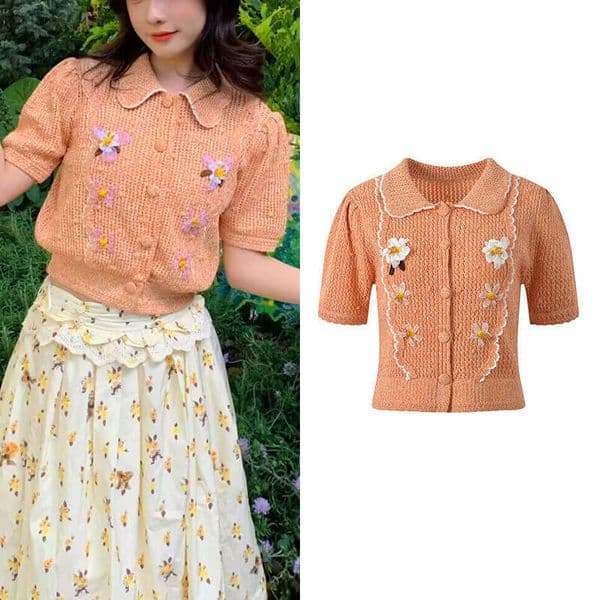 2026 New Summer Orange Knit Cardigan Women Sweet Floral Decor Peter Pan Collar Short Sleeve Top Long Sleeve Elegant