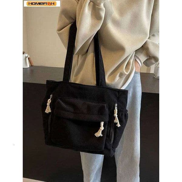 Homefish Travel Master Corduroy Shoulder Casual Solid Color with Multiple Pocket Tote Bag For Women
