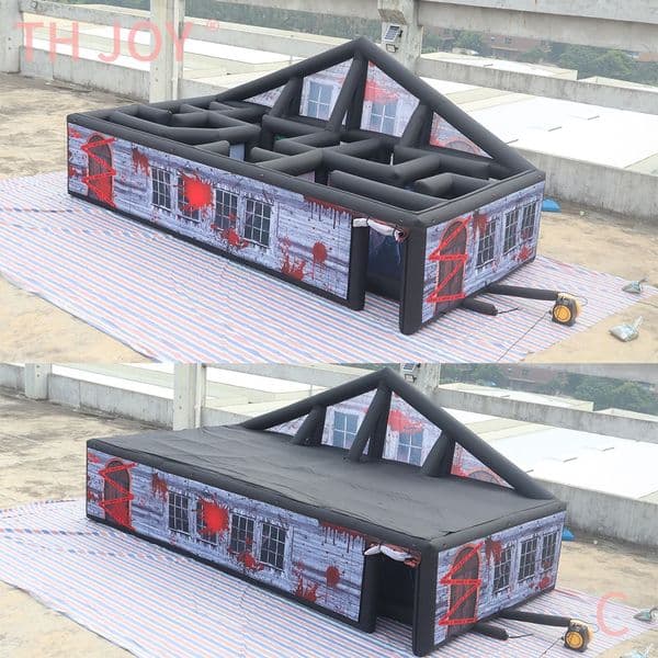 Free air ship to door Outdoor Activities customized 12mLx6mW wooden house Halloween huanted house, spooky inflatable maze kids adults laser tag game room escape