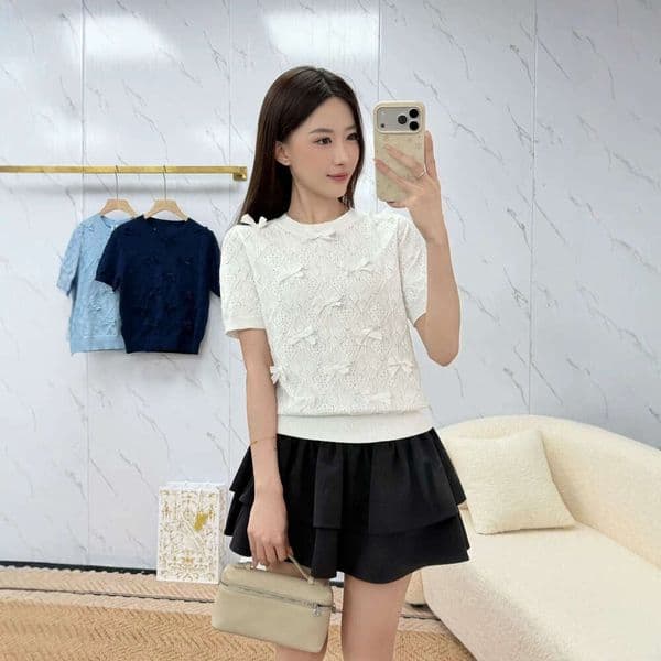 French Soft Navy Blue Bow-Embellished Knit Top, Diamond Pattern Cropped Crew Neck Tee Streetwear Trendy
