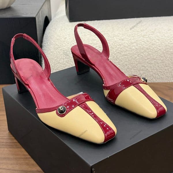 Latest Designers Slingbacks Heels Women Dress Shoes Patchwork Color Sandals Plain Toes Genuine Leather Kitten Heel Size 34-41 With Box Top Quality