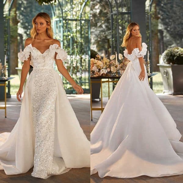 Customized Off the Shoulder Ruffled WeddingDress Chic Sequin Embellished Mermaid Bridal Dress with Detachable Train