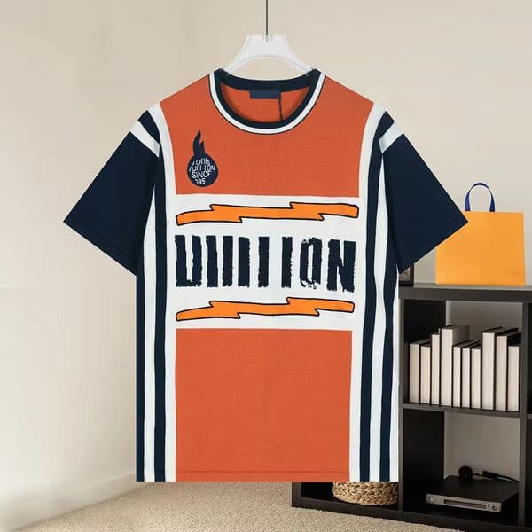 High quality designer branded clothing, retro sports style, flame embroidered knitwear, casual men's and women's round neck short sleeved shirts