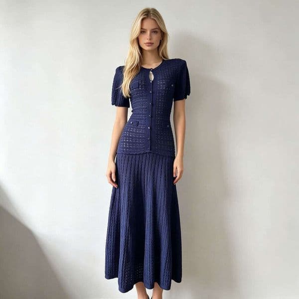 Retro Vibe Navy Crochet Knit Dress, Short Sleeve Button Front Fitted Dress, Sophisticated Feminine Style All Match Daily Wear