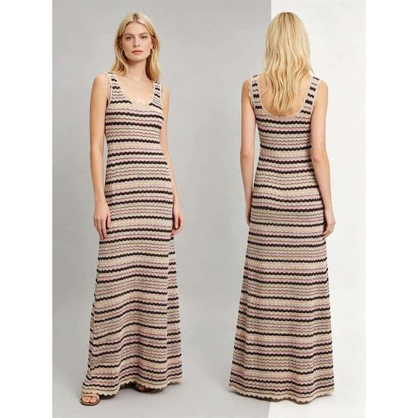 Women's Striped Knit Maxi Dress Wave Scallop Trim Sleeveless Bodycon Long Dress Daily Office Lady