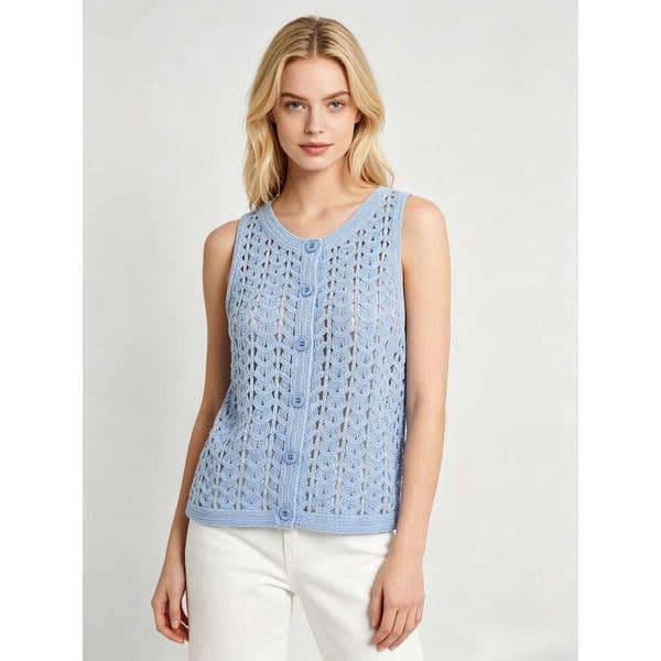 Women's Crochet Knit Vest Sleeveless Hollow Out Button Down Cardigan Floral Print Sweet