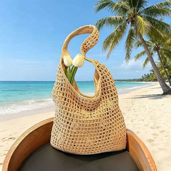 Bohemian Natural Crochet Tote Women, Large Capacity Shoulder Bag for Beach Vacation & Casual Daily Use