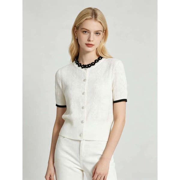 French Soft White & Black Color-Block Knit Cardigan, Round Neck Floral Trim Pearl Button Short Sleeve Diamond Crochet Top Plus Size Loose
