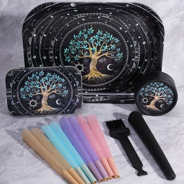 Middle Earth Map Rolling Tray Set with Tin Case, Plastic Grinder & Pre-Rolled Cones