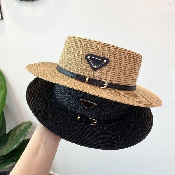 Designer Flat Top Wide Brim Straw Bucket Hat Classic Triangle Logo Panama Sun Visor Hat for Women Men Fashion Casual Woven Beach Vacation UV Protection Cap