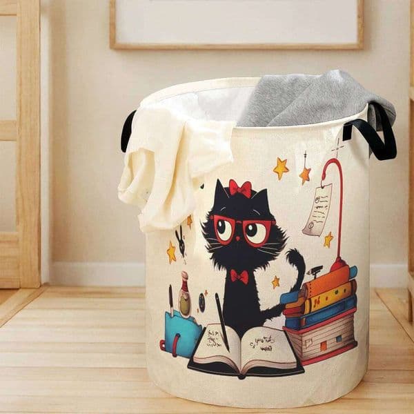 Cute Black Cat "Study Time" Print Foldable Large Capacity Storage Bucket, Children's Toy and Clothing Storage, Home Bathroom