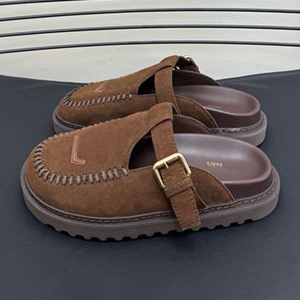 Couple style suede calf leather Easy Mule fashion Mary Jane T bar adjustable buckle strap men womens black sandals ightweight rubber outsole calf leather mules