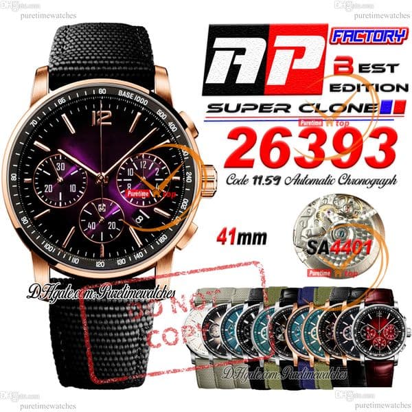 Code 11.59 26393 SA4401 Automatic Chronograph Mens Watch APF 41mm Rose Gold Purple Stick Dial Black Nylon Leather Strap Puretimewatches CHS Reloj Hombre Max Version
