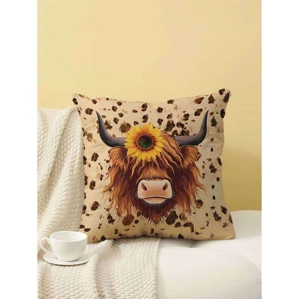 Highland Cow with Sunflower Print Throw Pillow Cover, Cushion Case for Sofa Bedroom Living Room Couch Bed Office Chair Home Deco