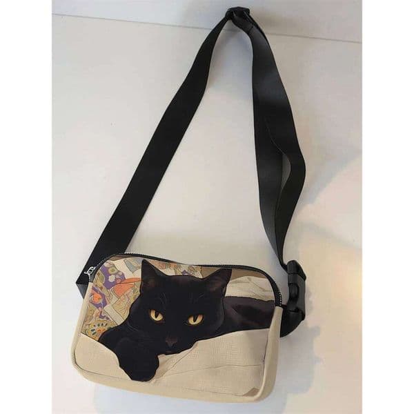 1-piece set, black cat pattern fashionable adjustable crossbody neutral sports waist bag, suitable for running