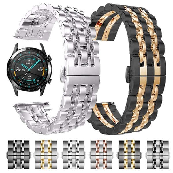 for Samsung Huawei Honor 20-22mm Strap Metal Stainless Steel Seven-Bead Butterfly Clasp Watch Band