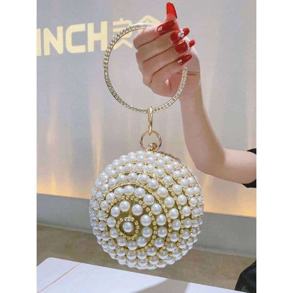 Round Pearl Clutch Purse Luxury Elegant Evening Bag Ring Handle For Women Bride Bridesmaid Wedding Party Handbag Purses