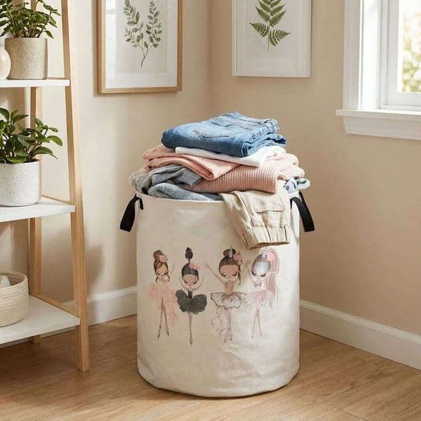 Ballet Dancer Laundry Basket Foldable Large Capacity Canvas Bucket Children's Toy Clothing Storage Home Bathroom
